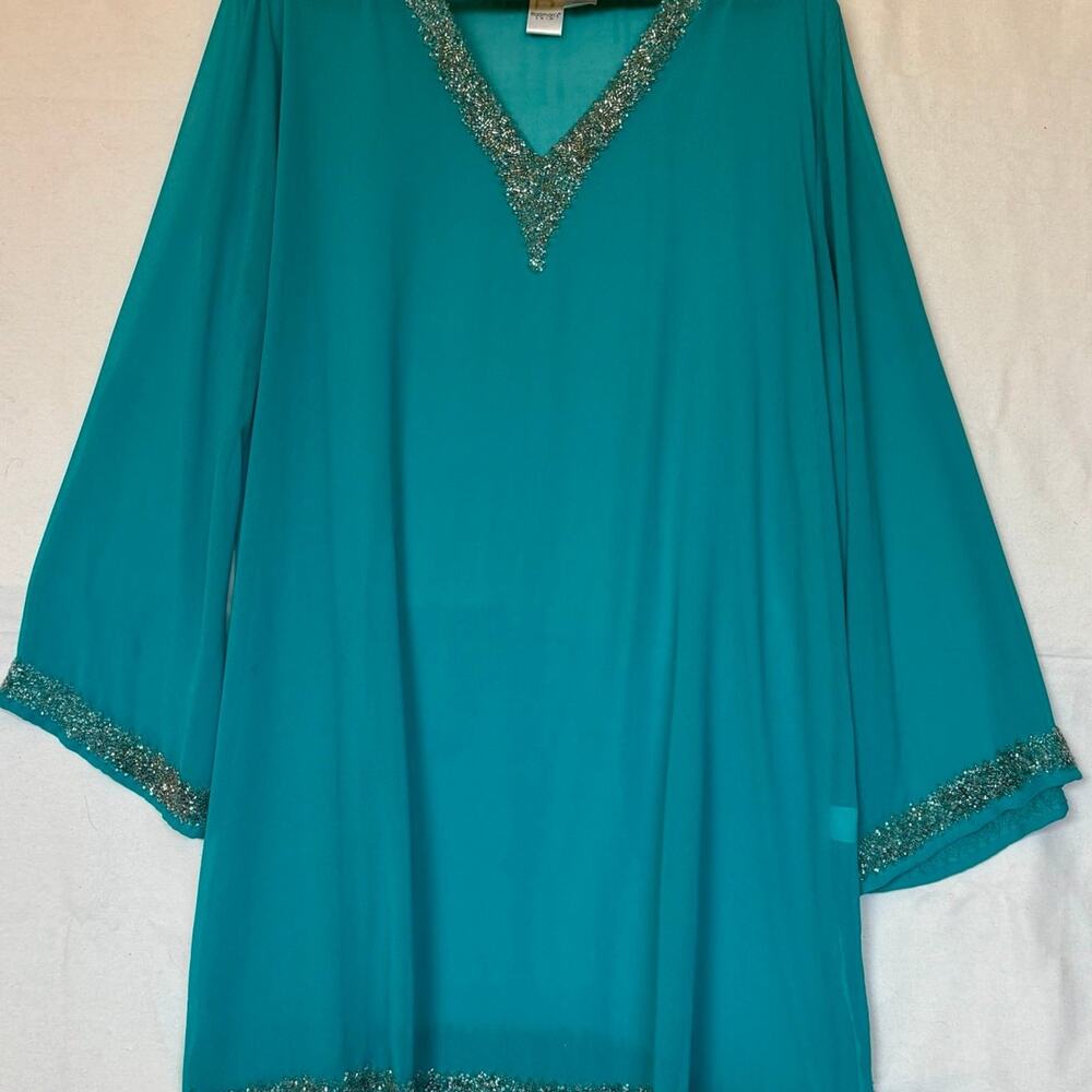 Roamans Swim Teal Turquoise Heavily Beaded Tunic Beach Cover Up Plus Size 1X